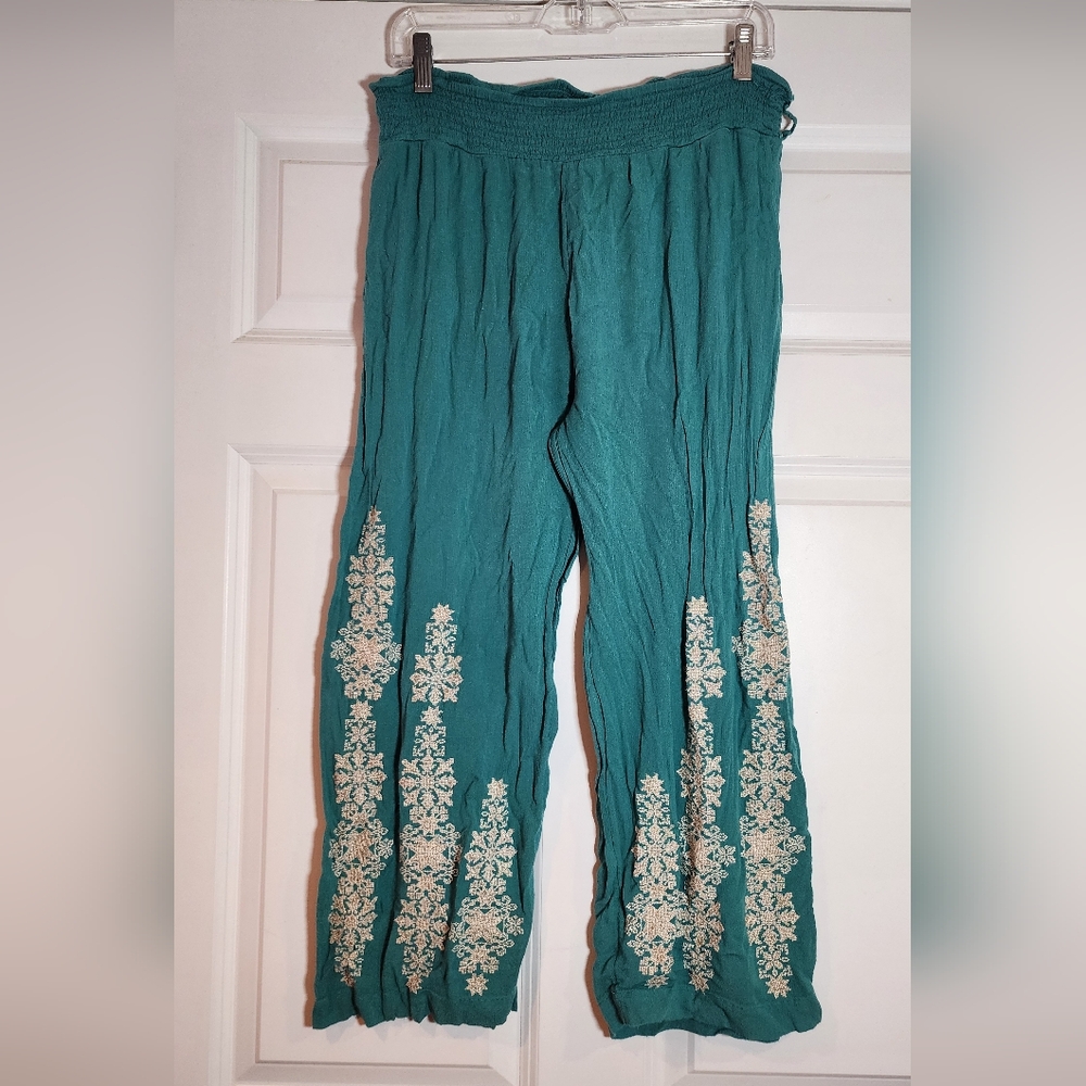 Sundance Teal Wide Leg Pants with Cream Embroidery